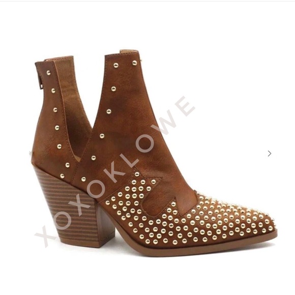 MATA Tan Western Gold Studded Ankle Boots Vegan Leather - Picture 9 of 13